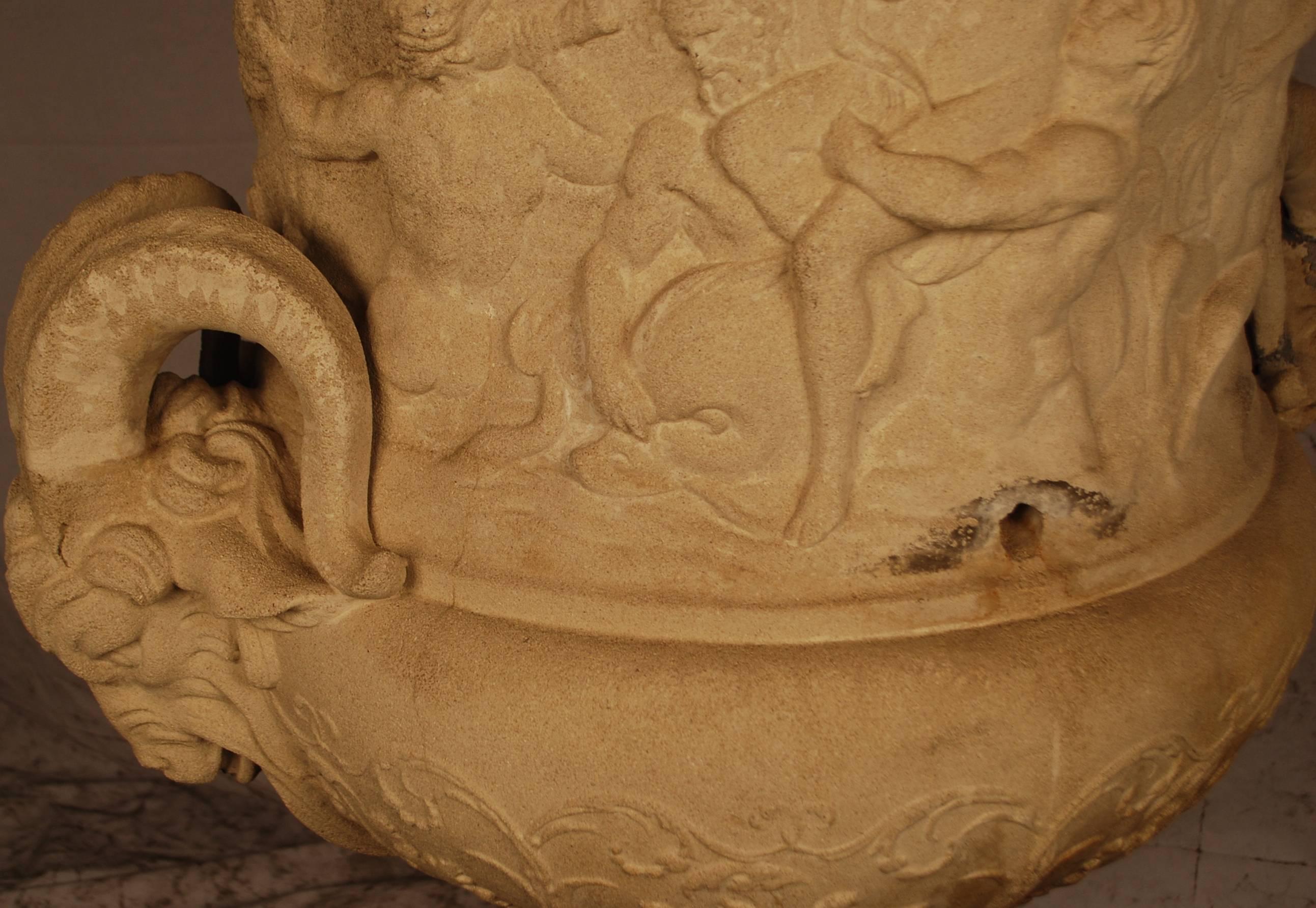 French Stone Urn with Ram Heads In Fair Condition For Sale In Wichita, KS