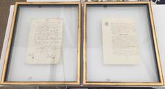 Pair of French Manuscripts Floating Behind Glass Shadow Box Frames
