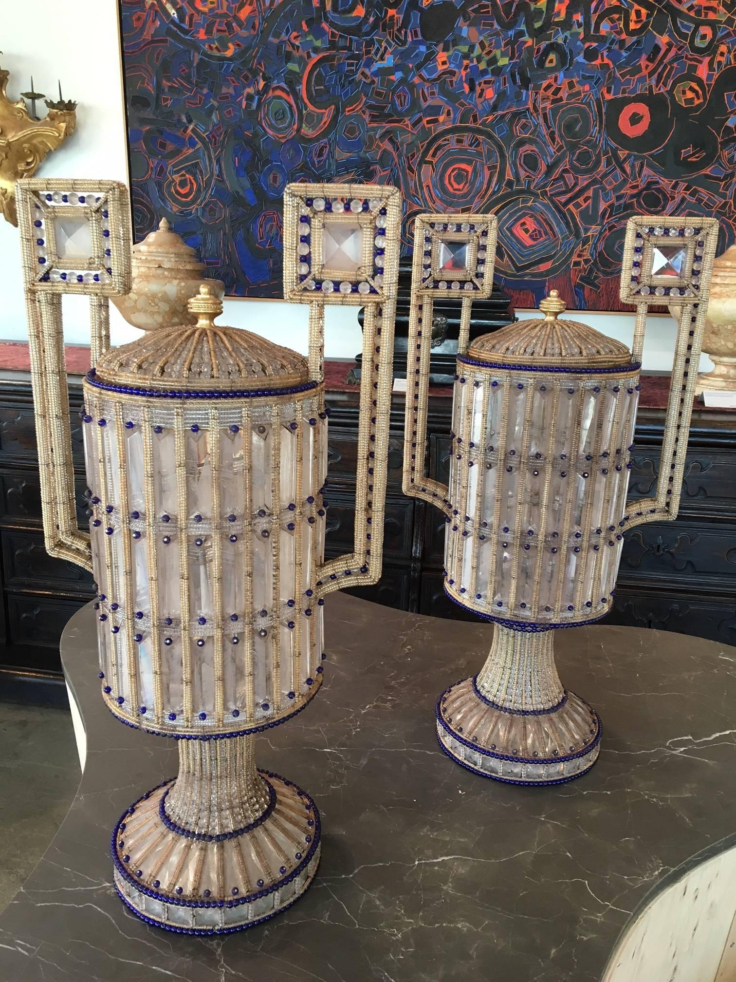 Rare and Beautiful Pair of Venetian Opaque Glass and Beaded Urns 5