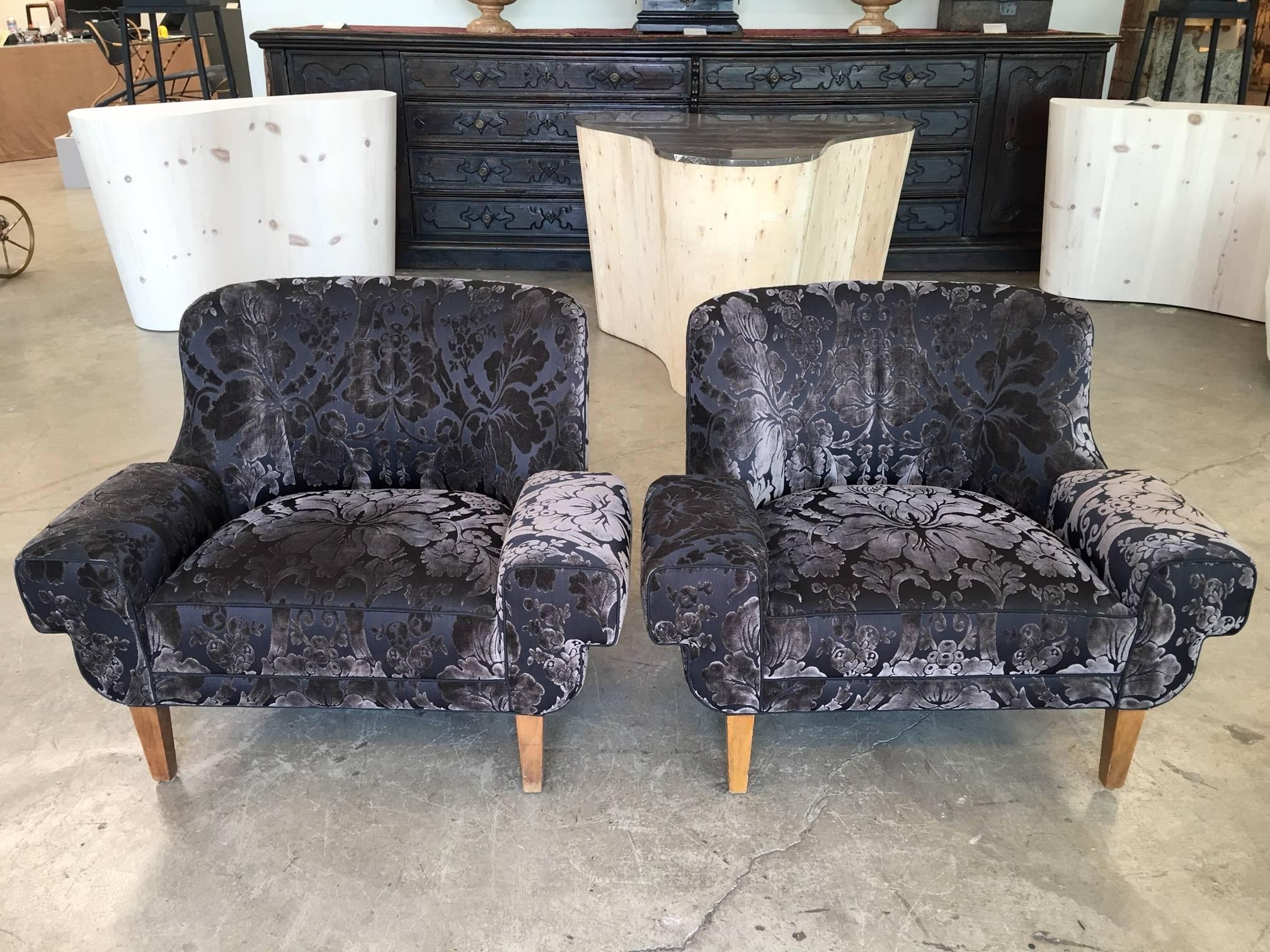Pair of custom armchairs by Paul Laszlo. Newly upholstered in luxurious damask velvet.