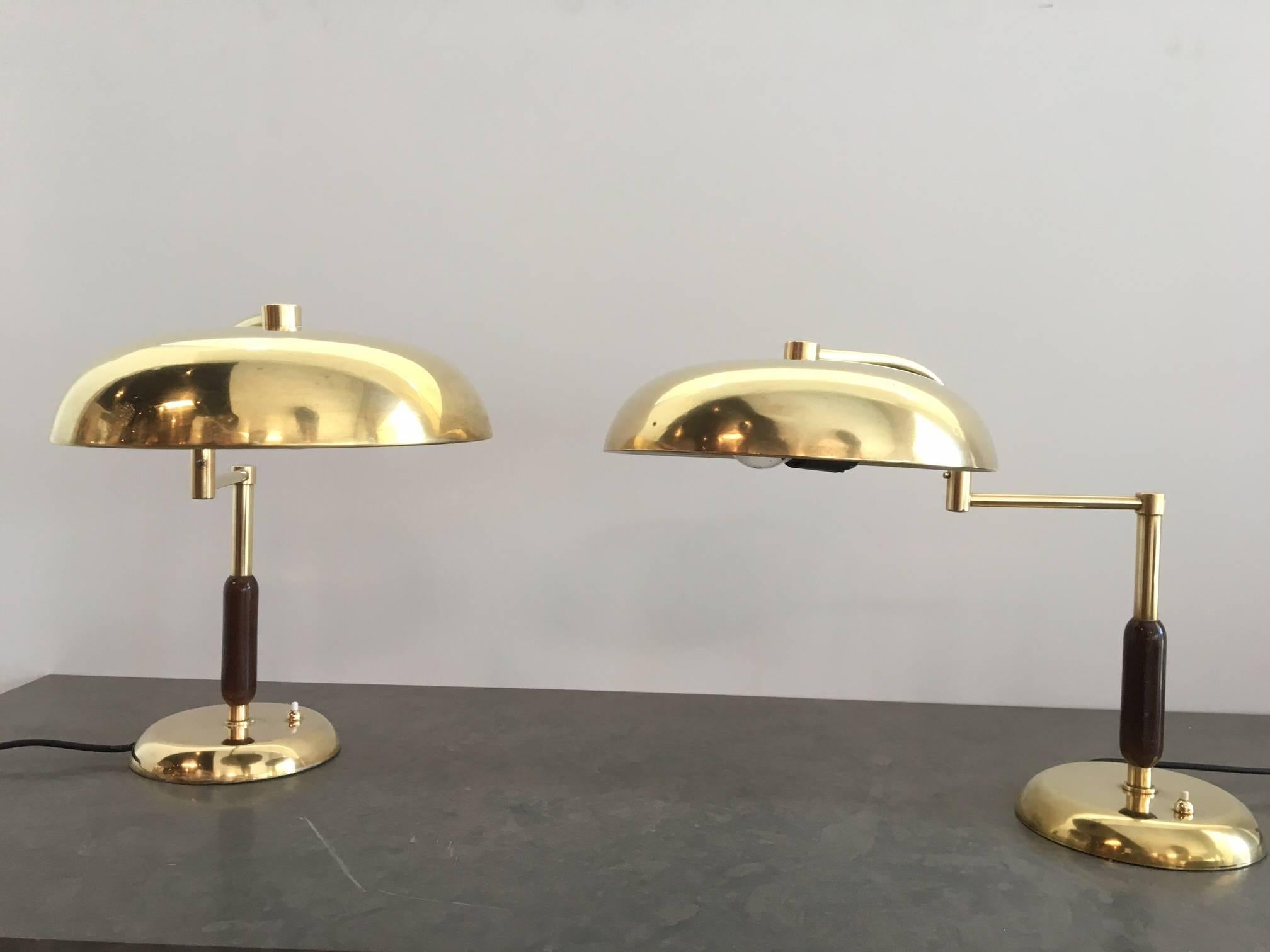 Unique Pair of French Brass and Wood Table Lamps For Sale 2