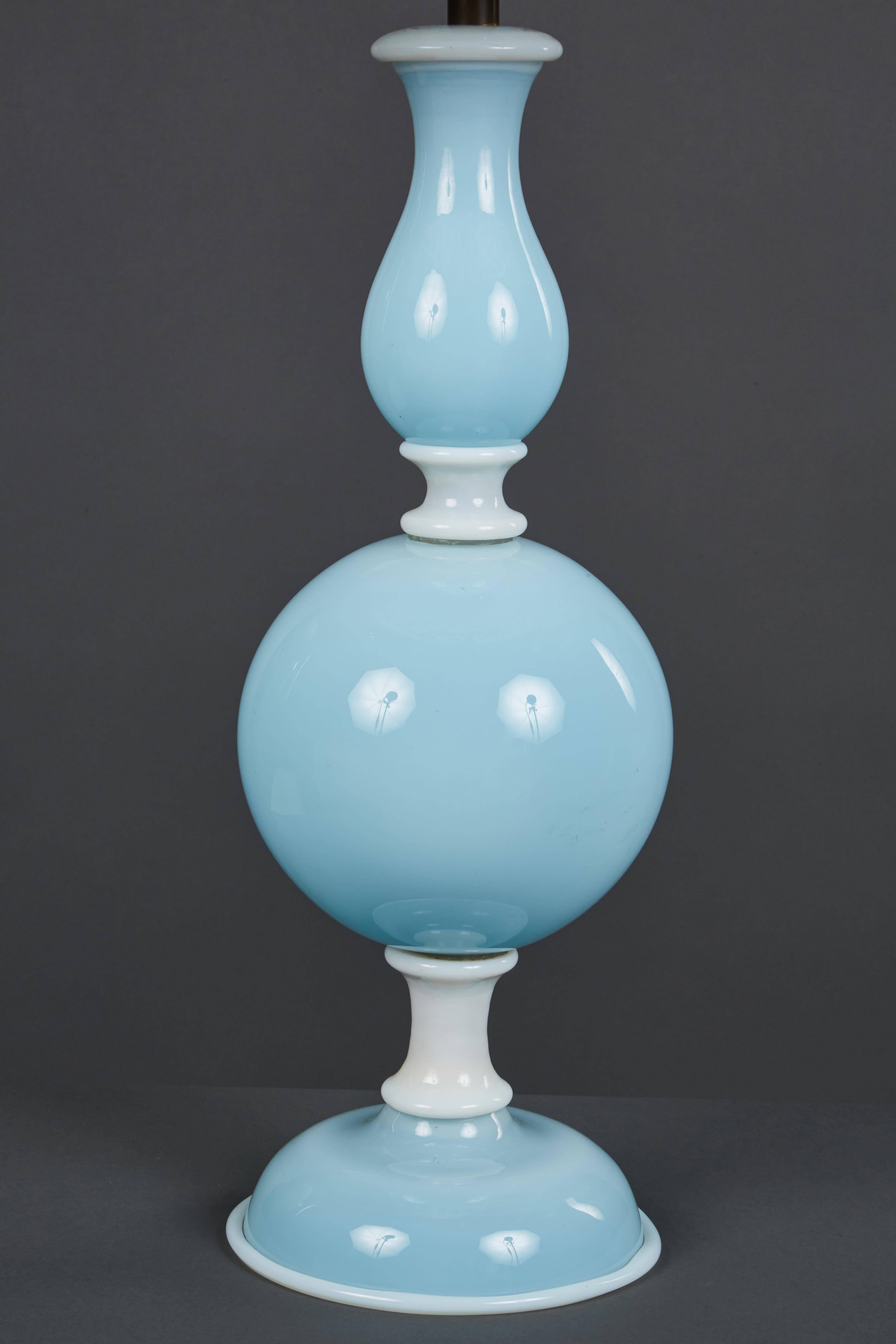 Italian Pale Blue and White Murano Glass Table Lamp, Style of Venini For Sale