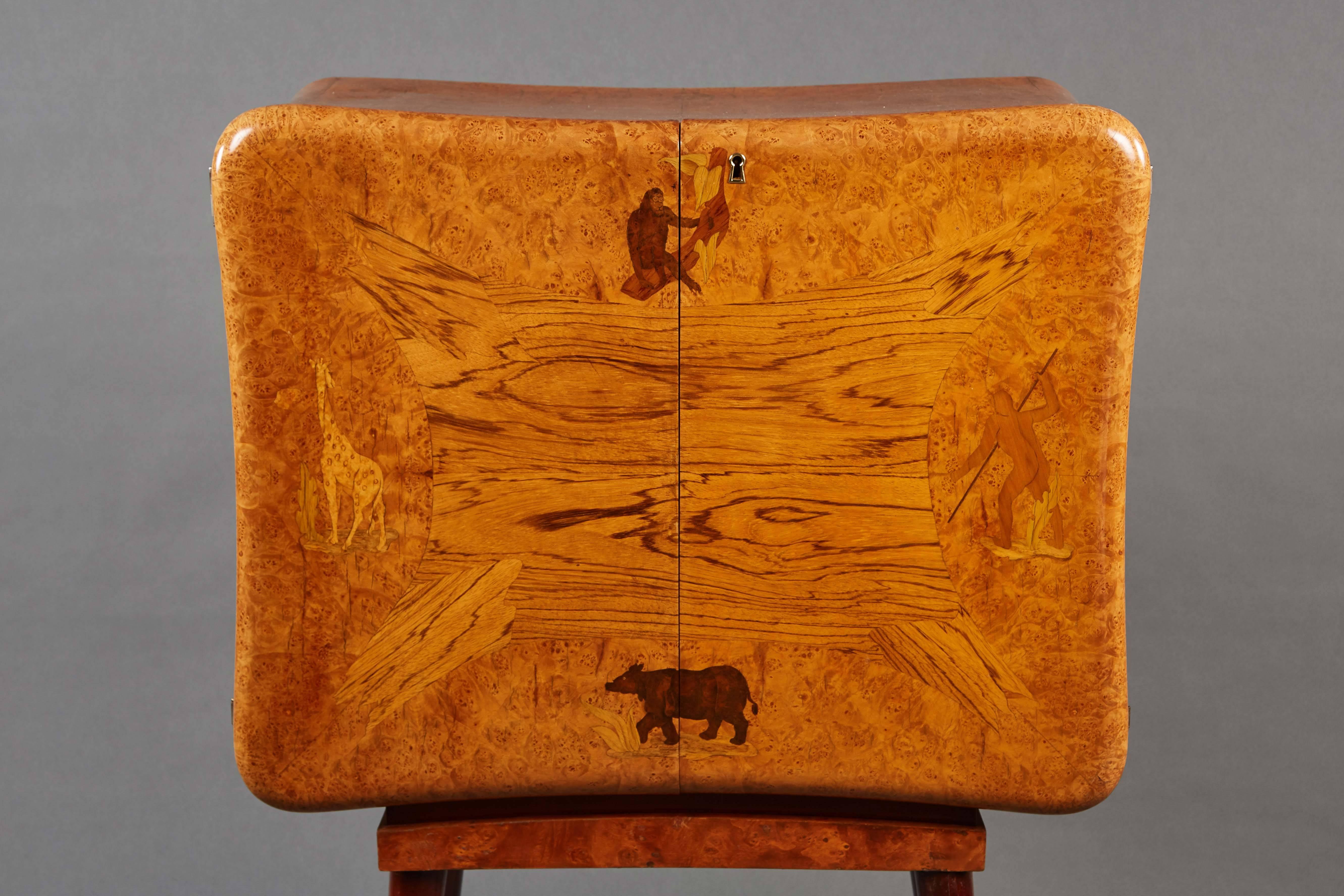 Mid-Century Modern High Marquetry Dry Bar Depicting Animals and Hunter For Sale