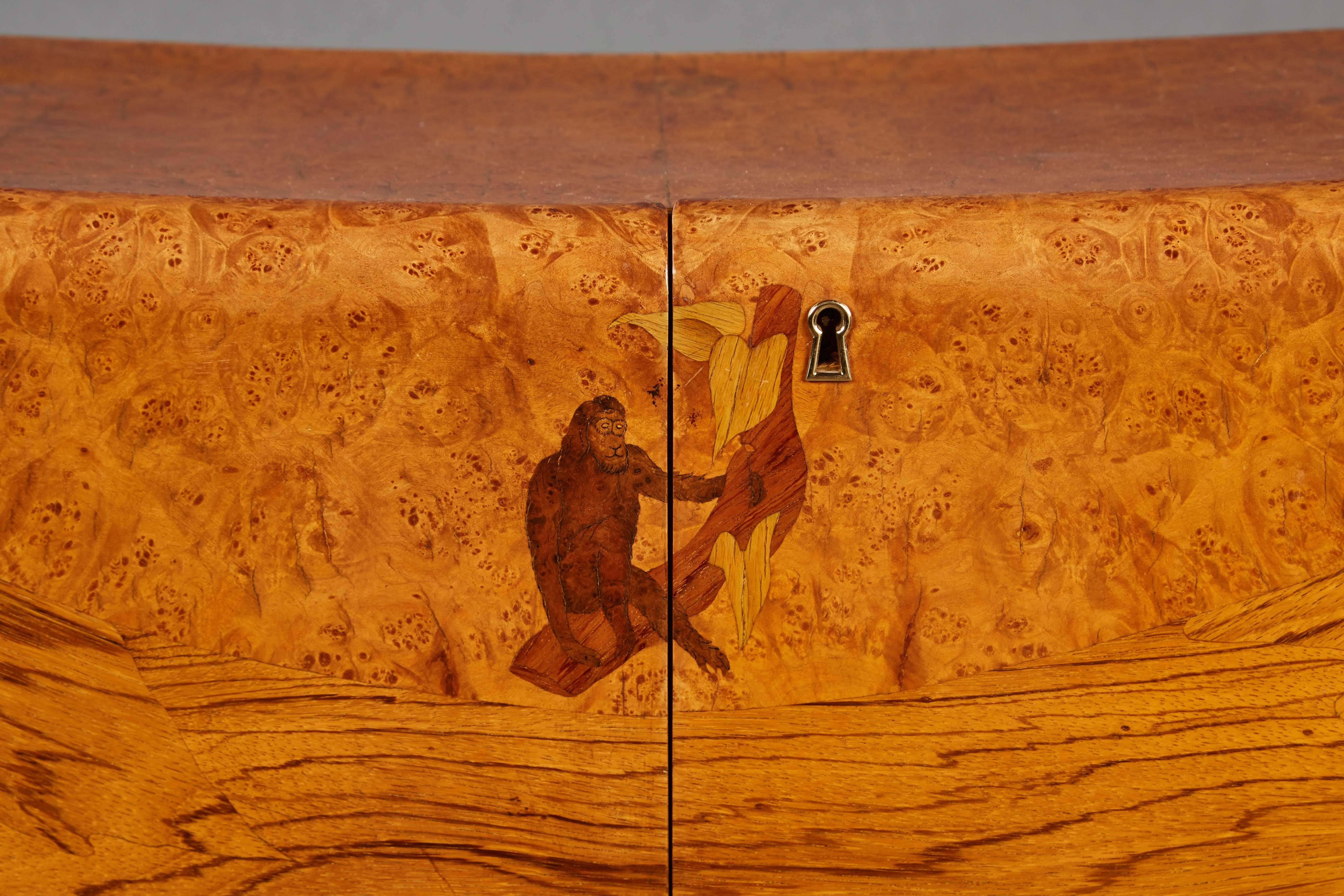 High Marquetry Dry Bar Depicting Animals and Hunter In Excellent Condition For Sale In Los Angeles, CA