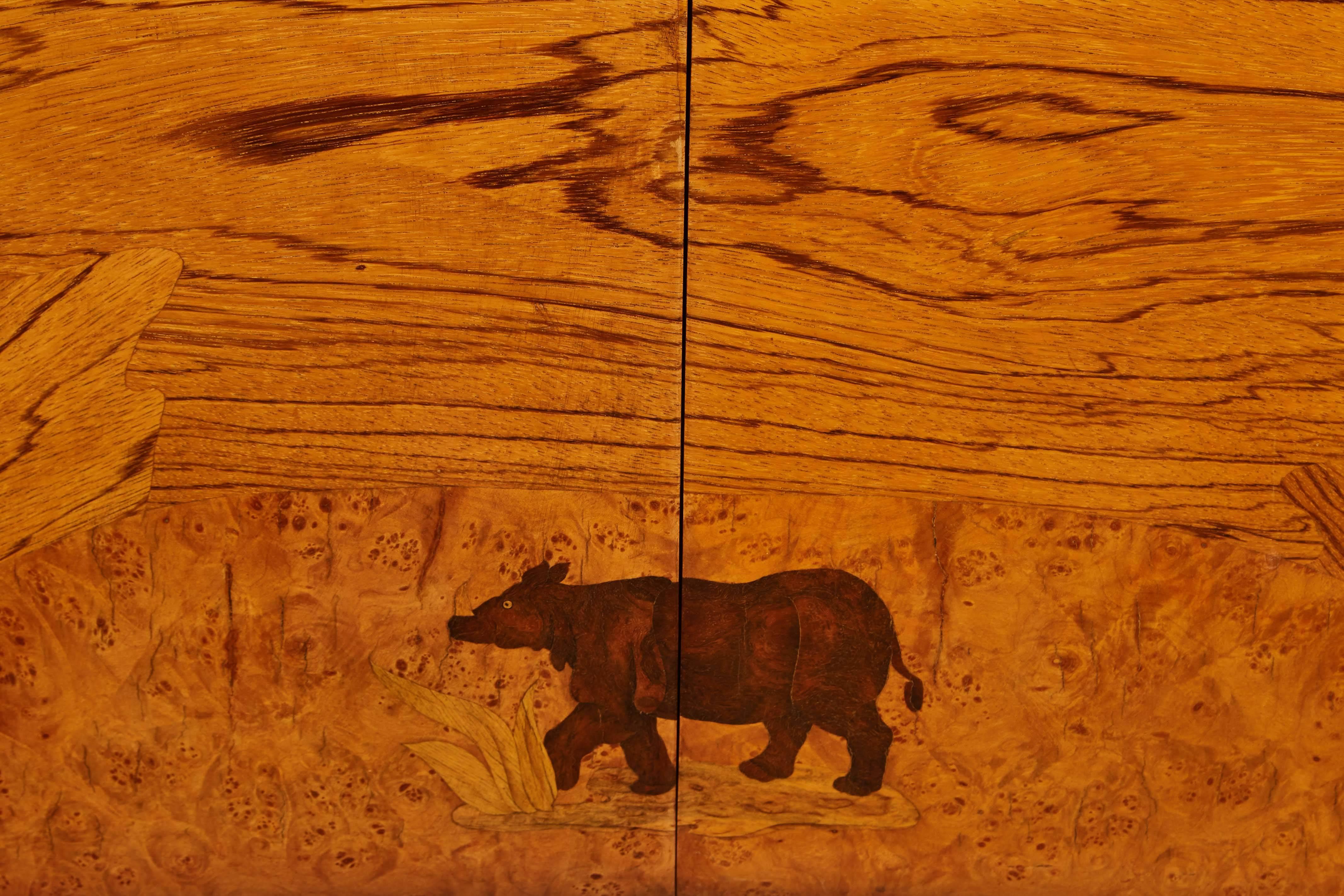 Mid-20th Century High Marquetry Dry Bar Depicting Animals and Hunter For Sale