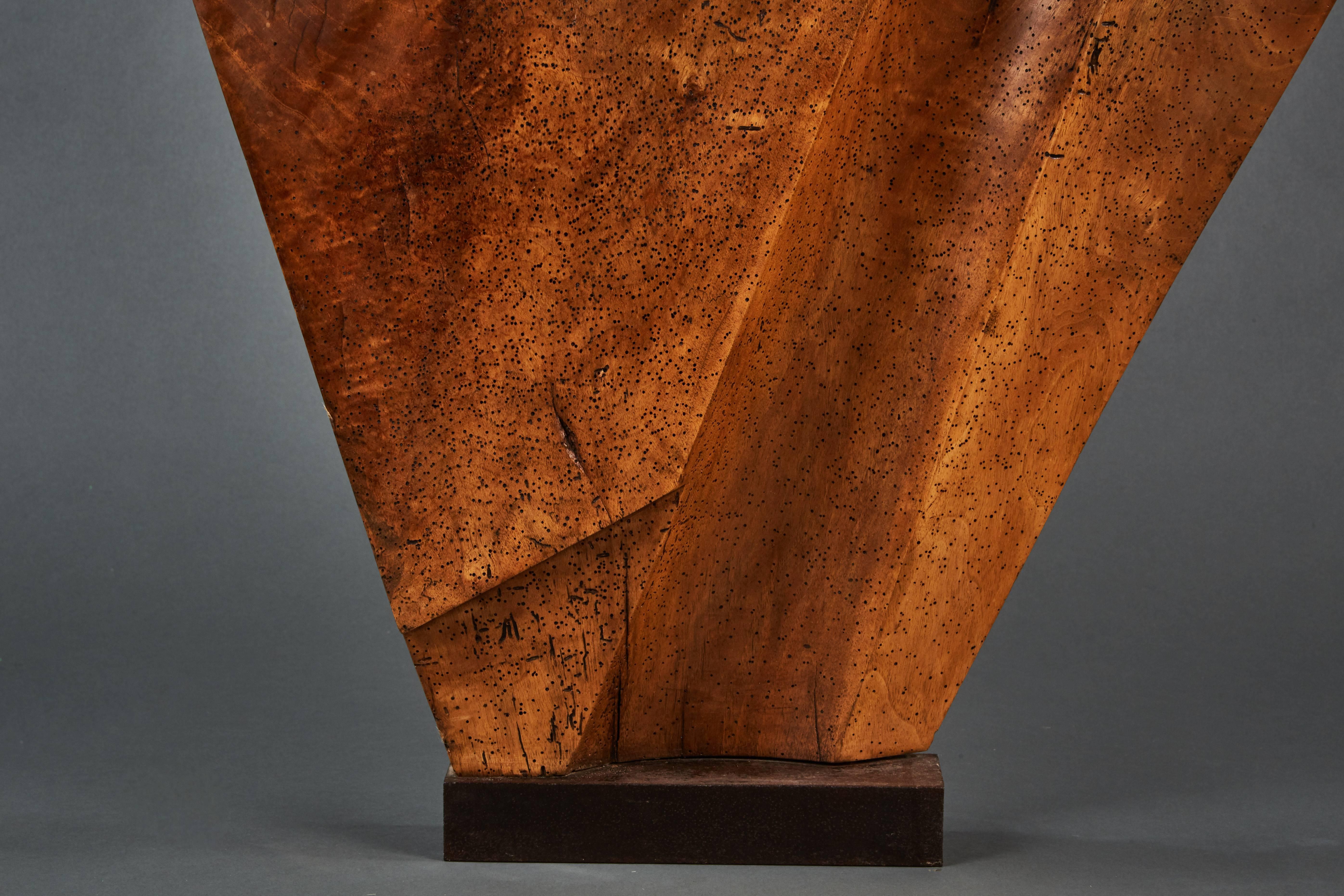 Mid-20th Century Striking Wood Sculpture Mounted on a Metal Base For Sale