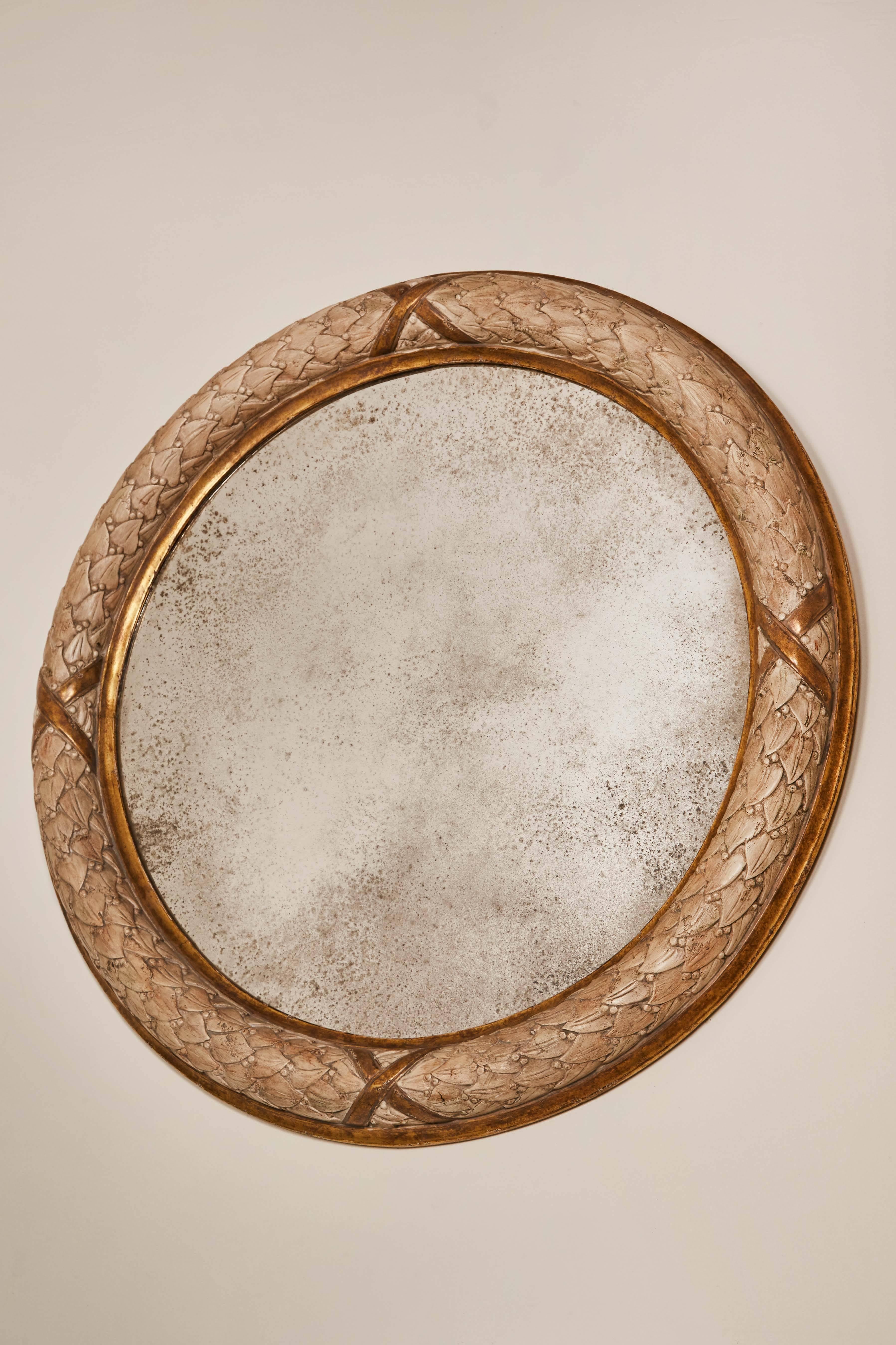 Pair of 20th Century Carved Circular Mirrors In Distressed Condition For Sale In Los Angeles, CA