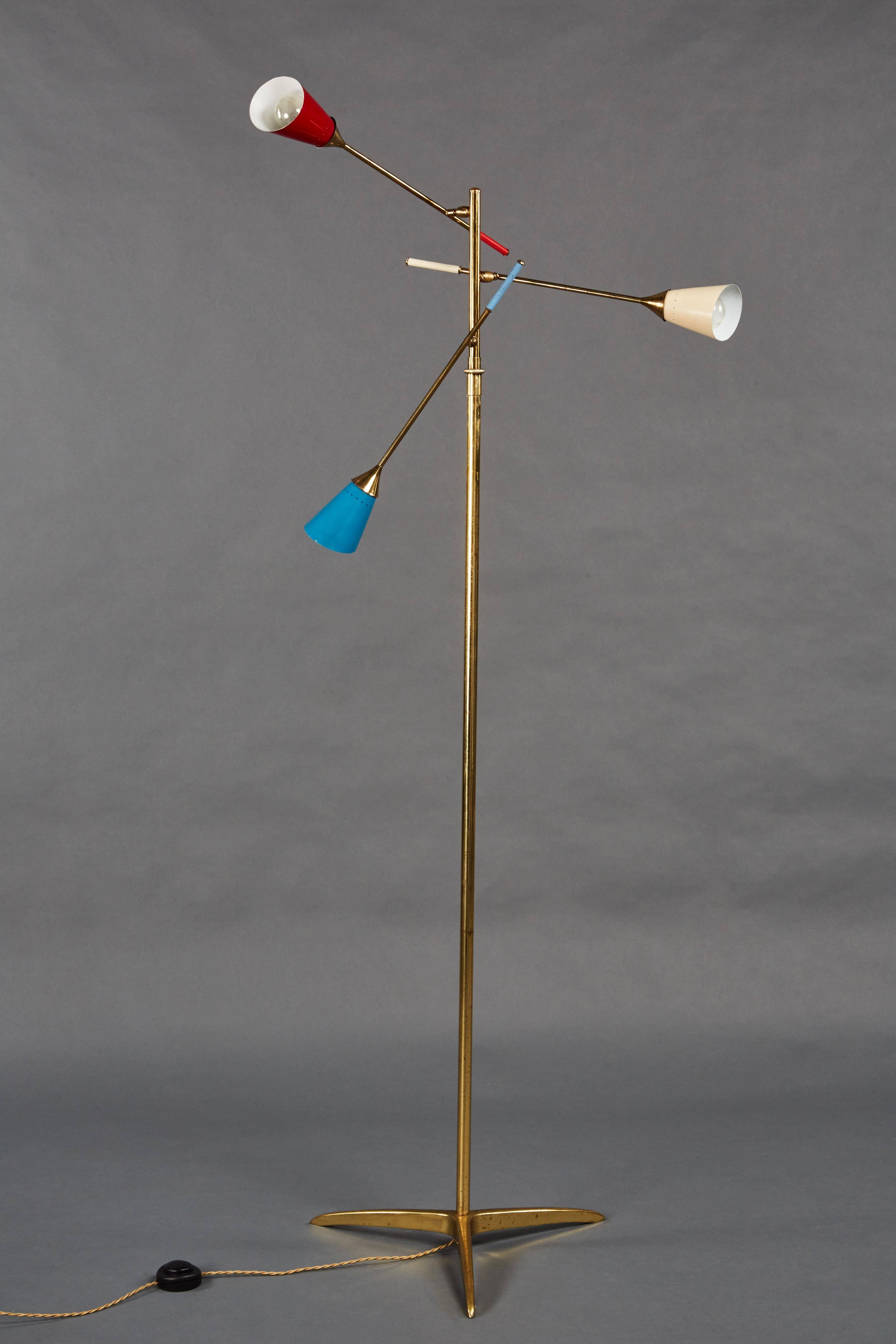 Enameled Italian Adjustable Three-Arm Floor Lamp