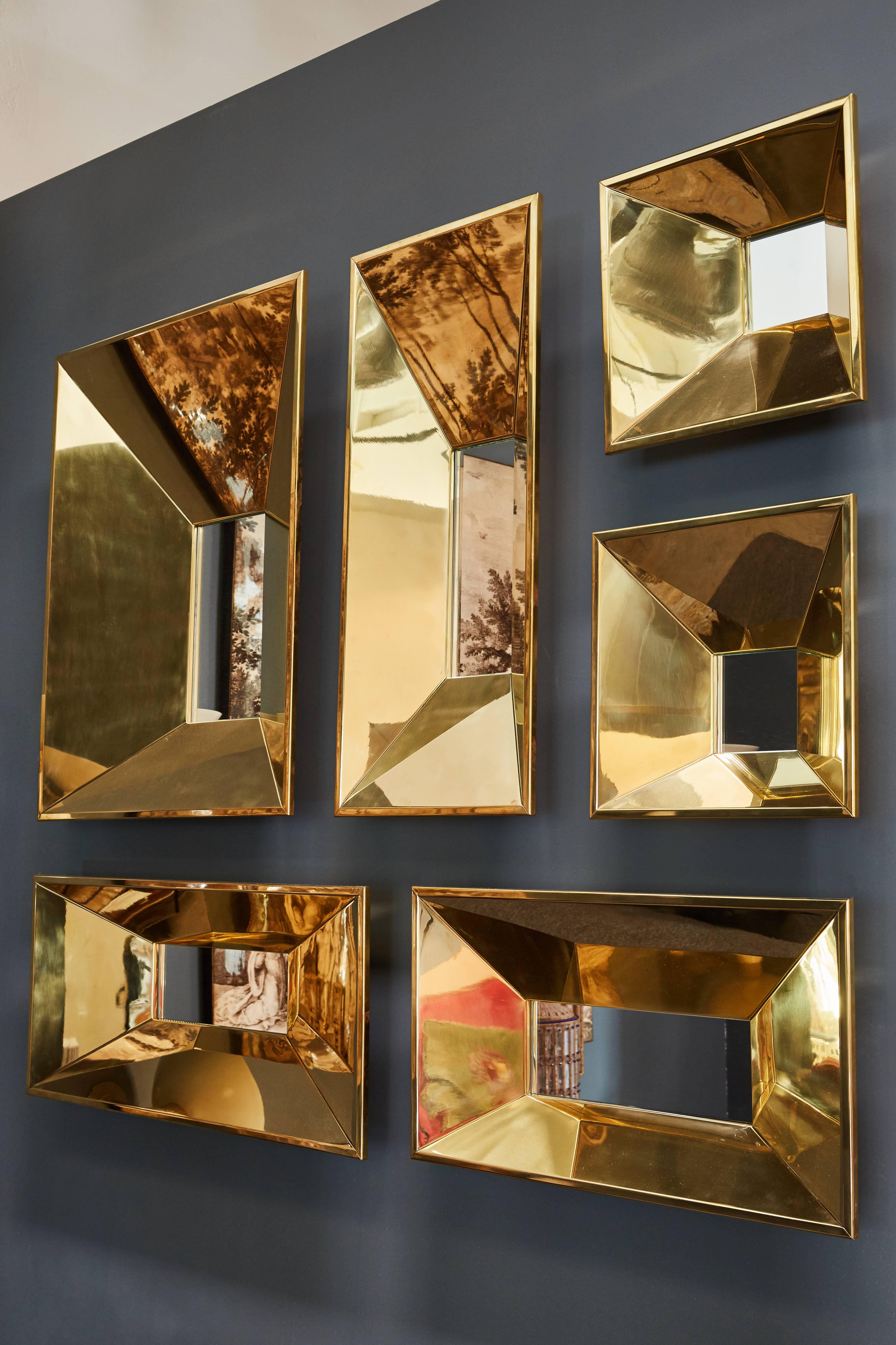 Stunning Set of Six Canted Framed Mirrors with Highly Polished Brass In Excellent Condition In Los Angeles, CA