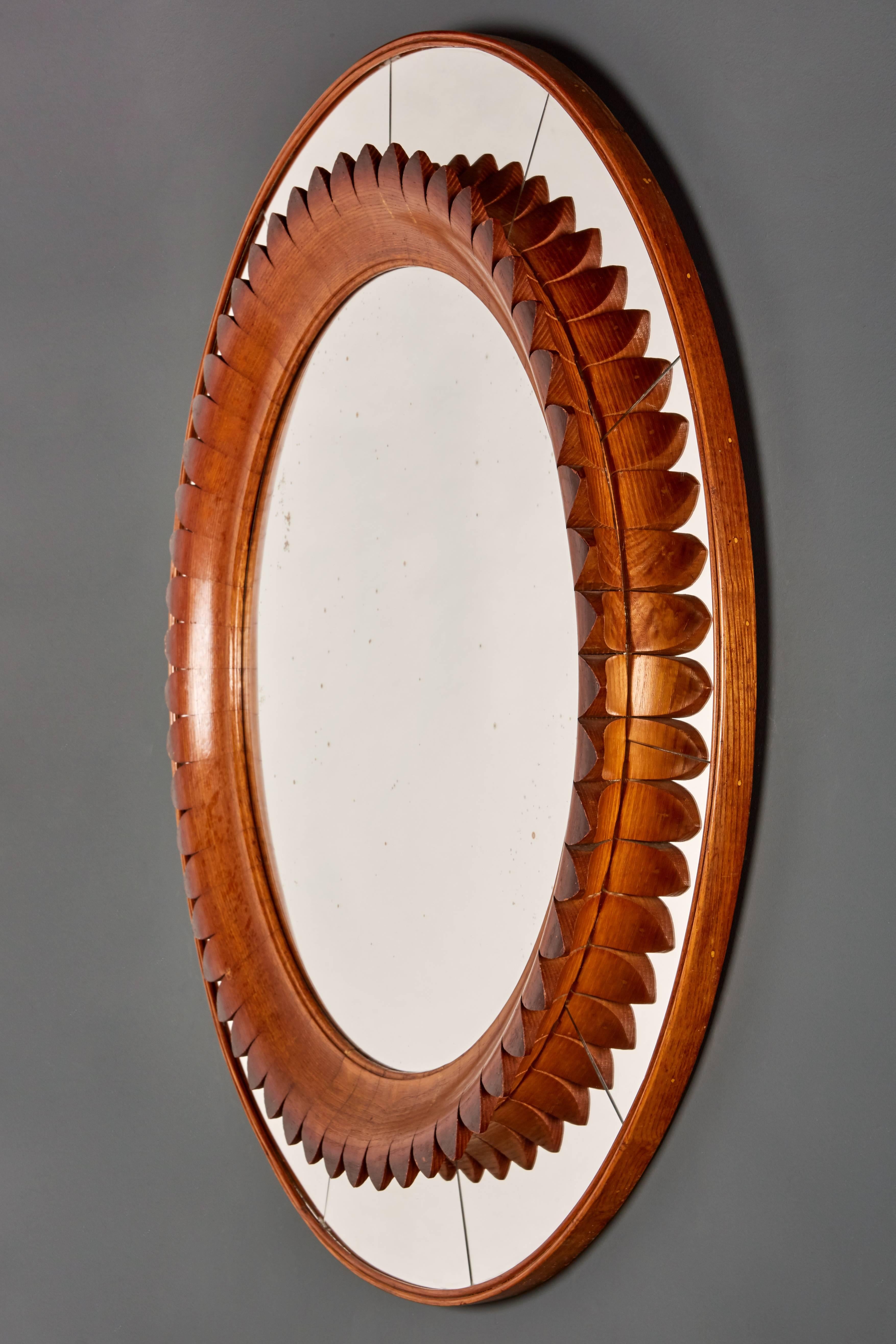 Mid-Century Modern Exquisitely Carved Round Oak Mirror