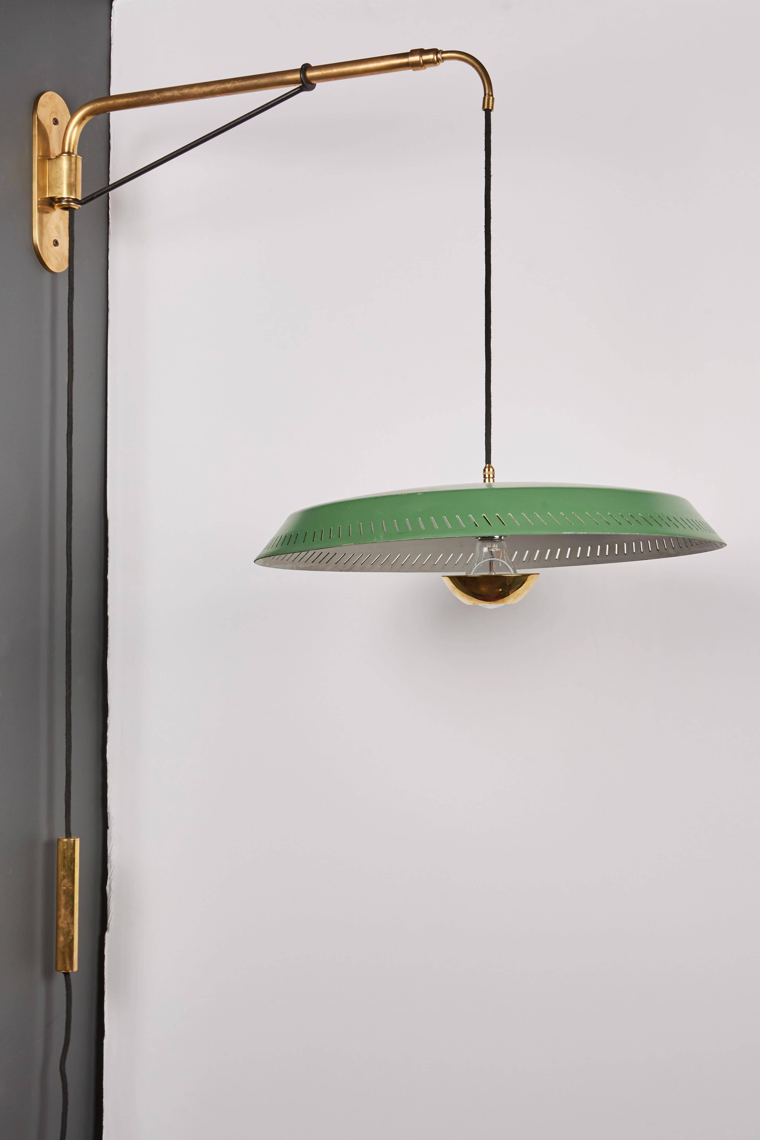 Mid-Century Modern Telescoping Stilnovo Adjustable Wall Lamp with Green Perforated Metal Shade