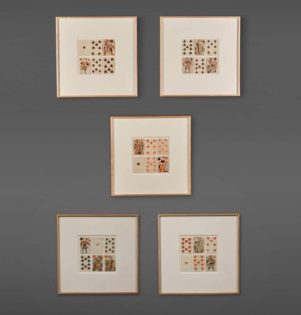 Set of 19th century playing cards. Lino type with hand coloring, in new, custom frames.