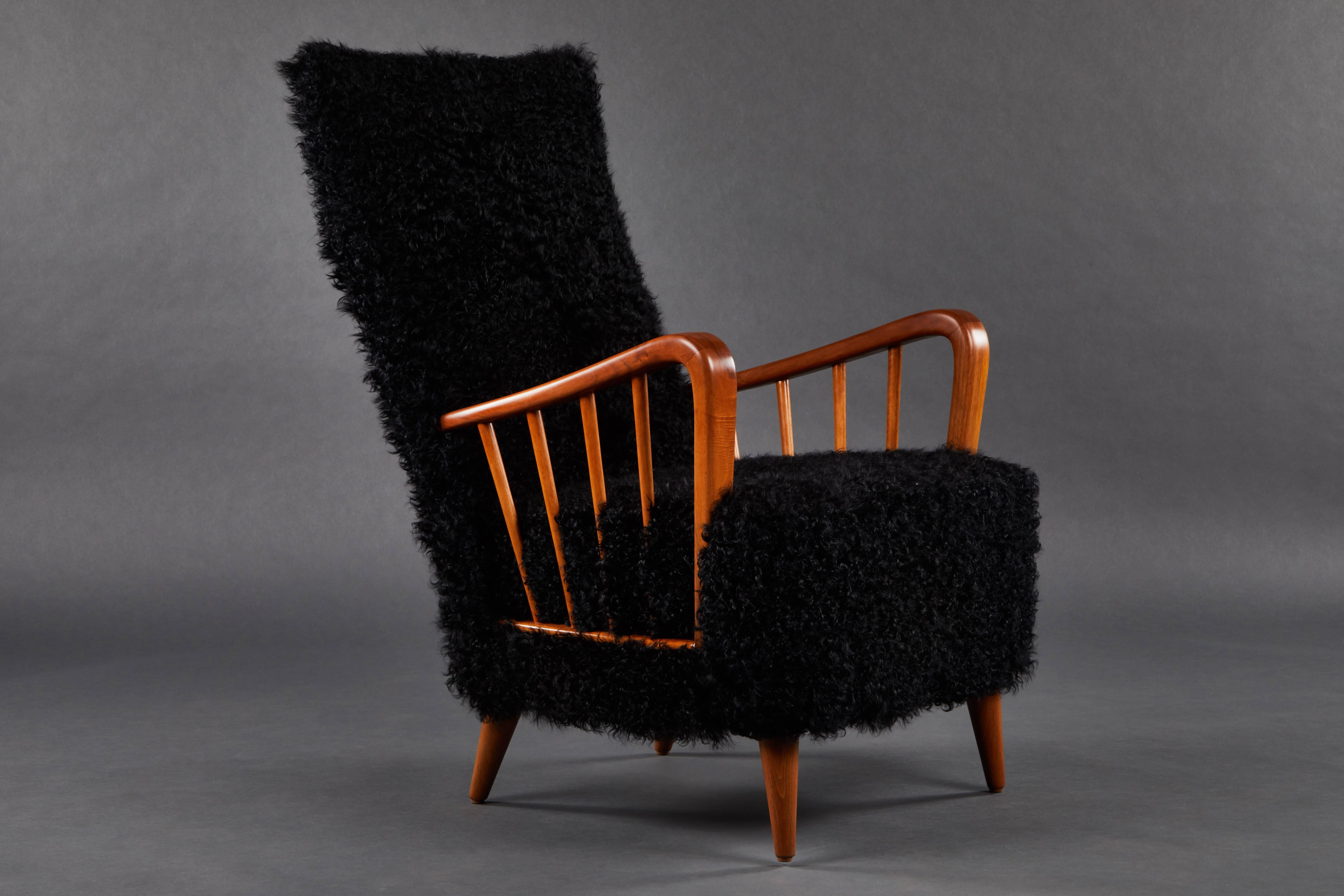 Mid-Century Modern Pair of Paolo Buffa Chairs in Black Kalgan Lamb