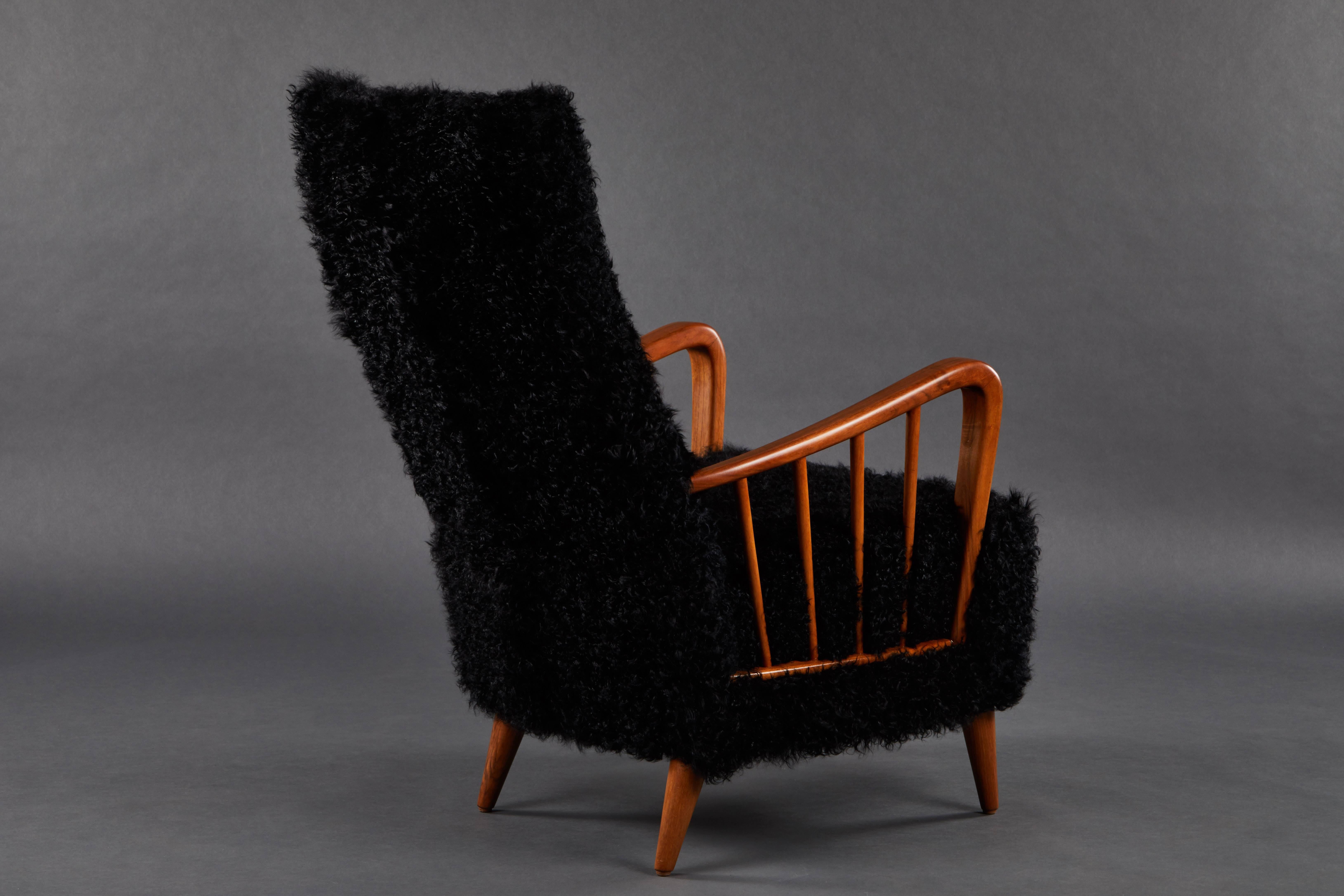 Fur Pair of Paolo Buffa Chairs in Black Kalgan Lamb