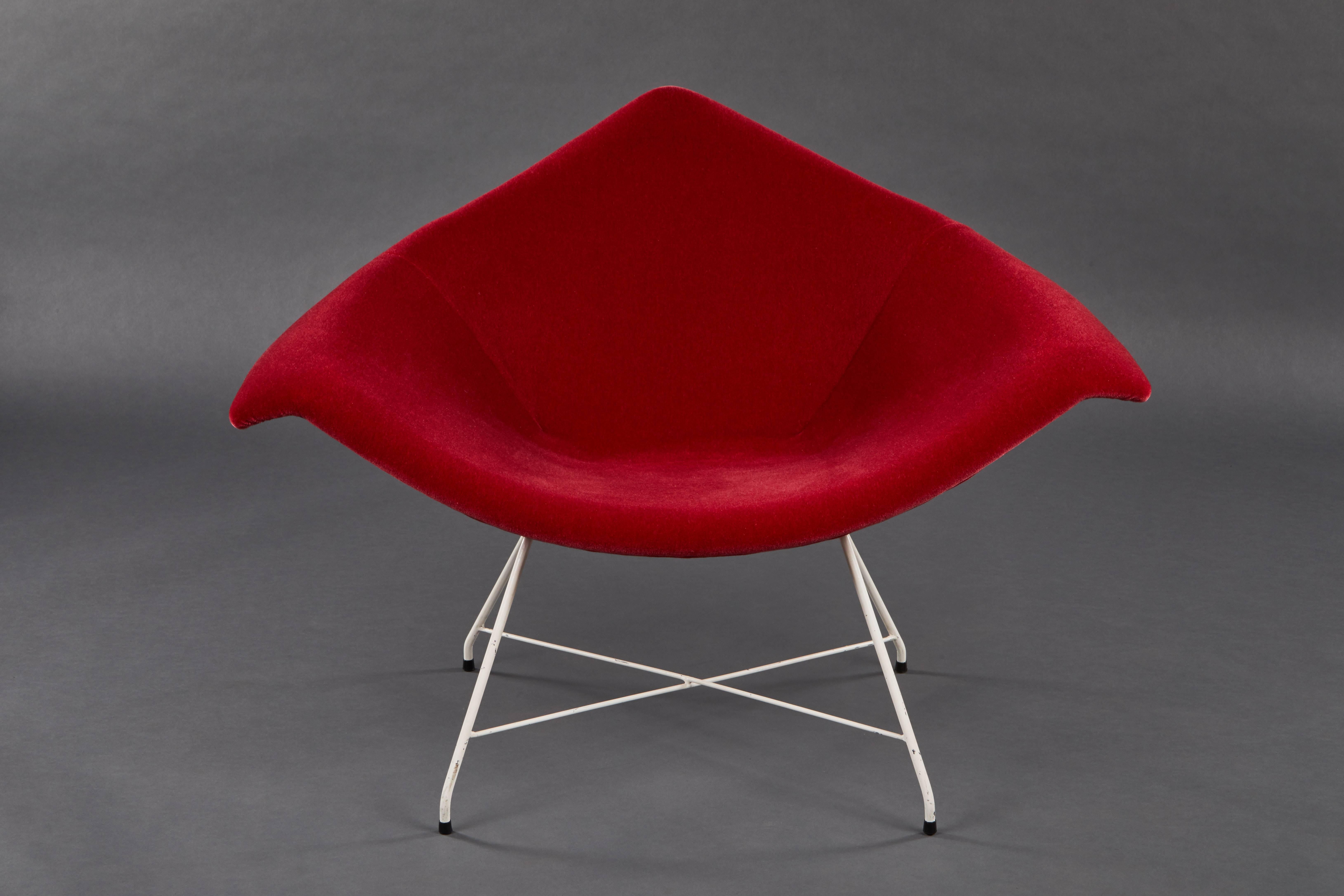 A rare Augusto Bozzi for Fratelli Saporiti chair in Misia Rubis (Ruby) Mohair on a white painted wire base. We have had it custom upholstered, omitting the two open circular details in the back.