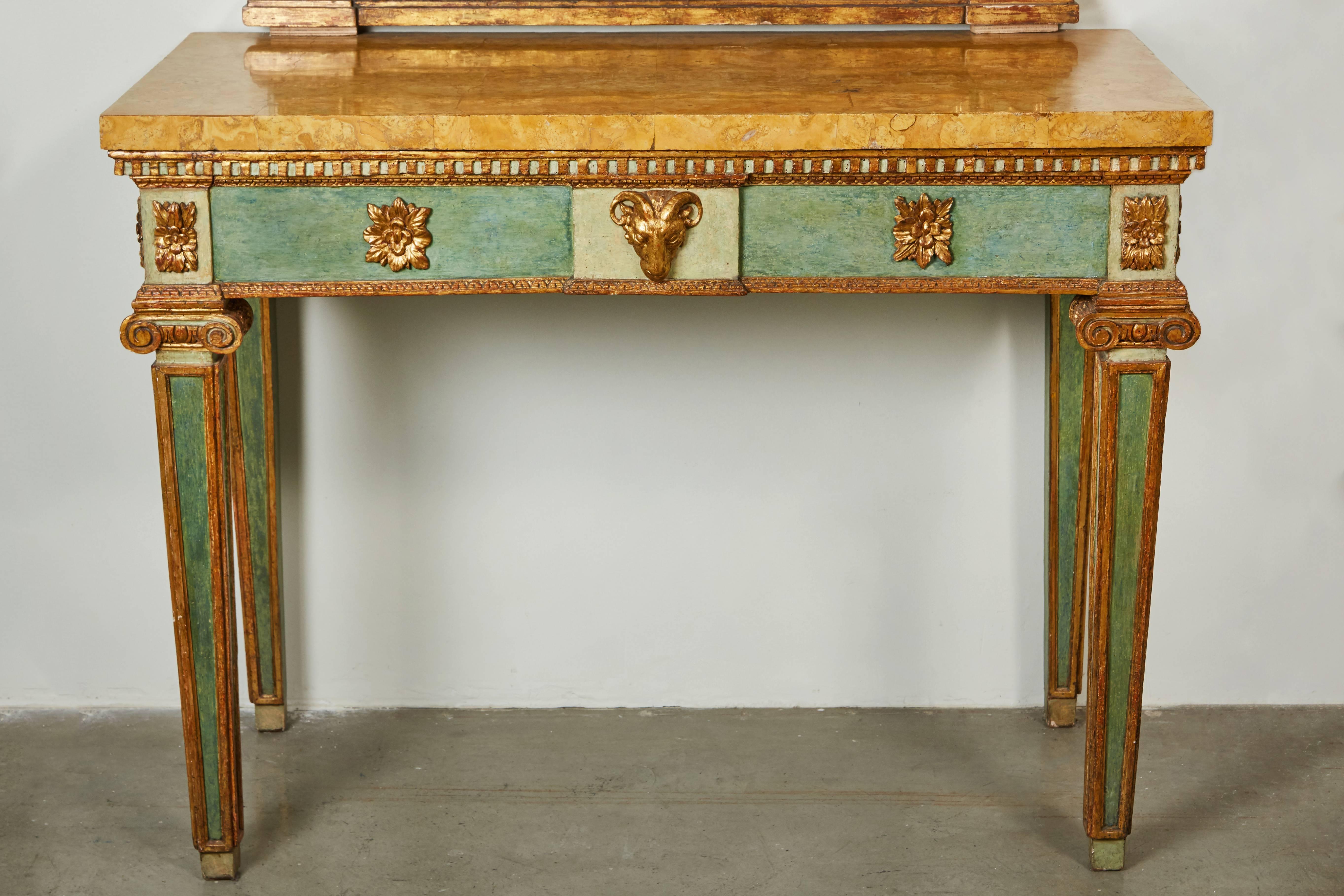 Hand-Painted Late 18th Century Italian Parcel-Gilt and Painted Mirror Over Console For Sale