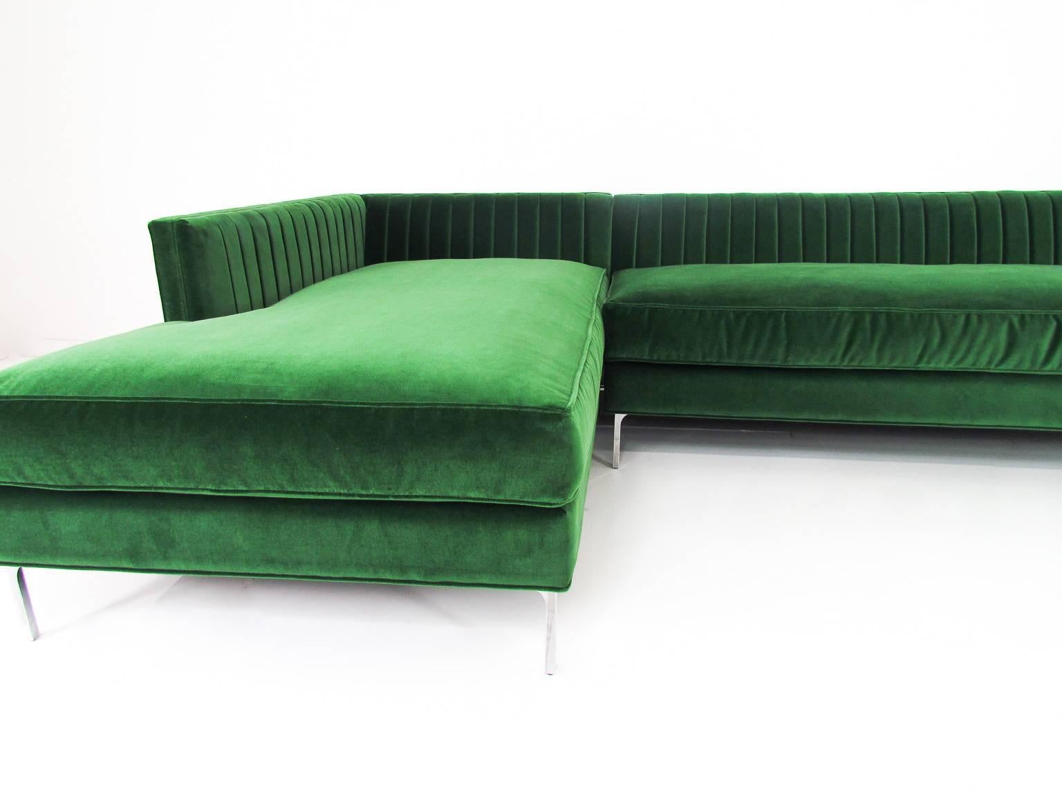 This Mid-Century inspired sectional pays tribute to that. With long arm tufting, chrome legs, and stunning emerald velvet.
This is a made to order piece.