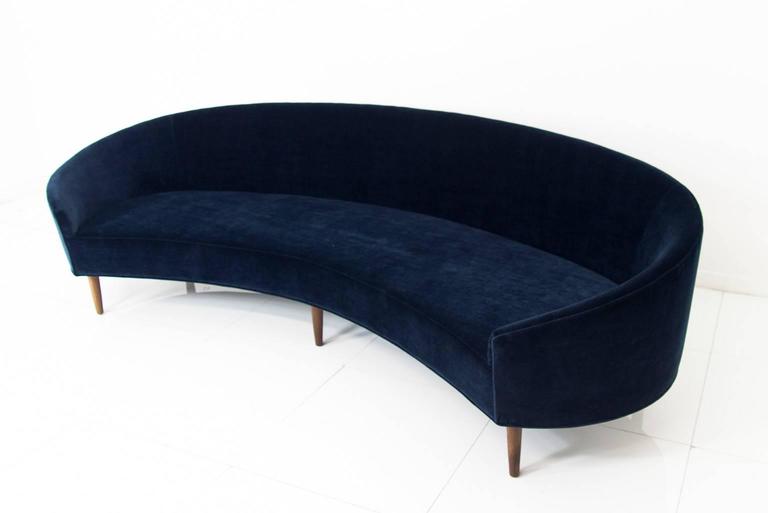 Art Deco Style Crescent Sofa With Walnut Legs In Navy Blue Velvet