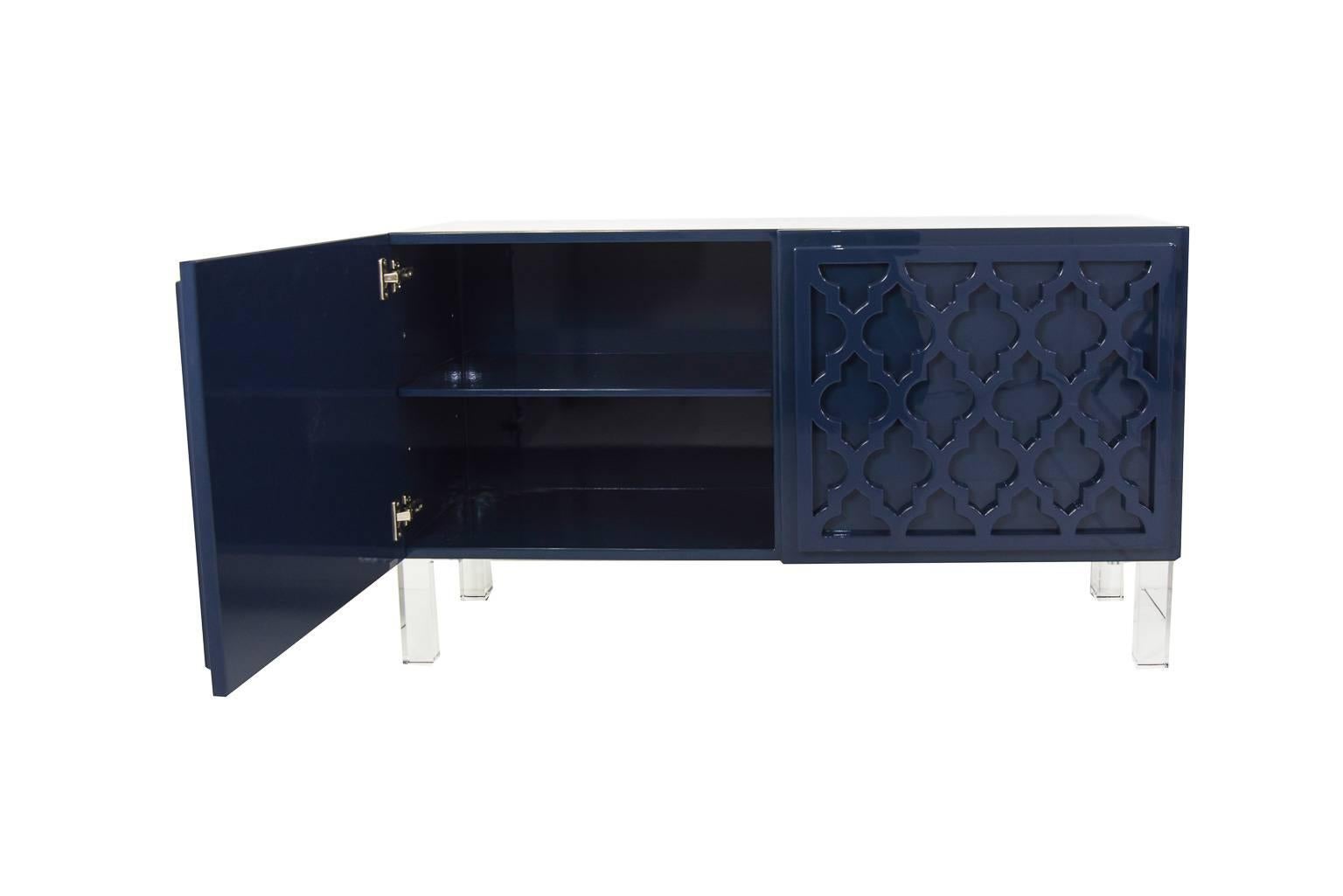 Mid-Century Modern Mid-Century Style 2-Door Tangier Credenza in Glossy Navy Lacquer w/ Lucite Legs For Sale