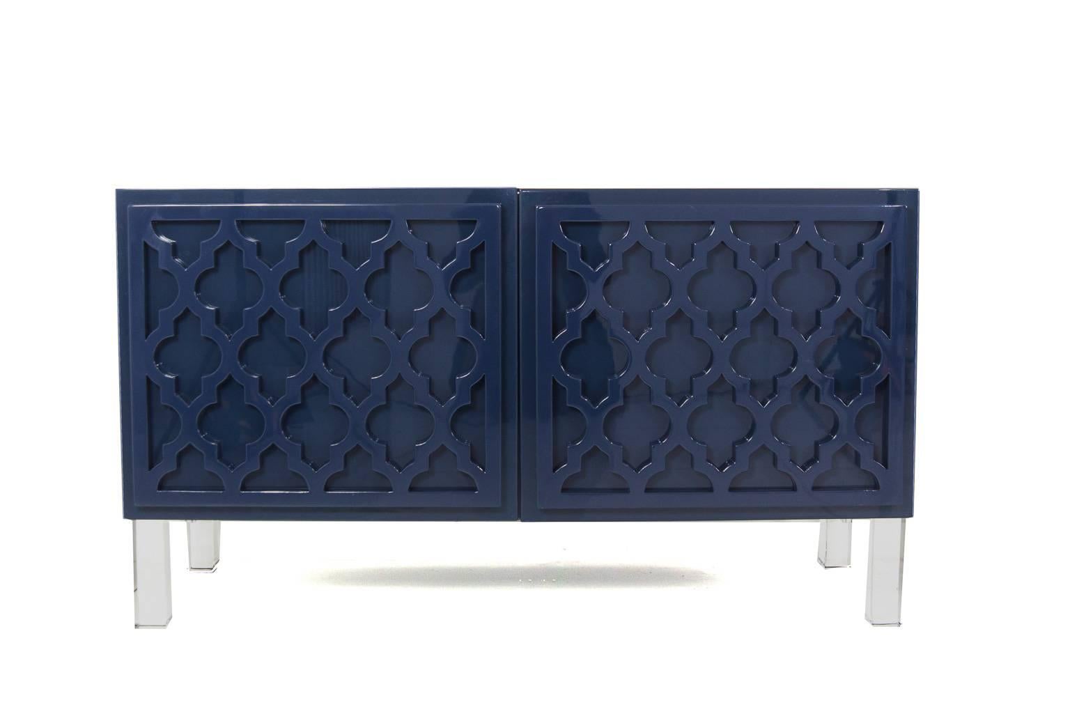 The Tangier 2 Door Credenza is simply stunning. In a grand color, suggestive of the majestic peacock's plumes, this item makes a significant statement. Raised trellis motifs across the entire face of the credenza add a sense of airy