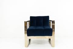 Modern Style Kube Chair Tufted in Navy Velvet w/ Brass U-Leg Frame