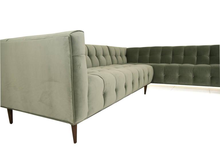 Mid-Century Style Delano Sectional Tufted in Sage Velvet w/ Walnut Cone  Legs For Sale at 1stDibs