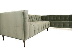 Mid-Century Style Delano Sectional Tufted in Sage Velvet w/ Walnut Cone Legs
