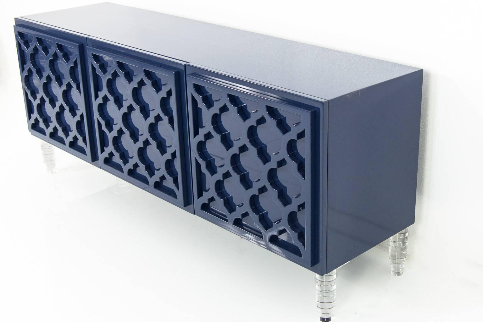 The Tangier 3 Door Credenza is simply stunning. Raised trellis motifs across the entire face of the credenza, as well as the delicate, brass Marrakesh hardware and legs,  add a sense of airy elegance.

Dimensions:
66