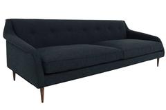 Mid-Century Style Palermo Sofa in Black Linen w/ Tufted Back & Coned Walnut Legs