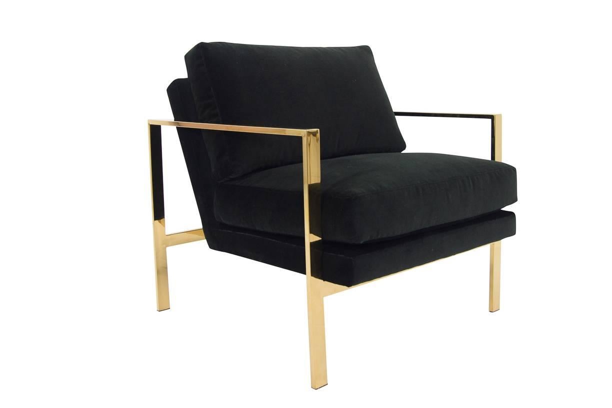 A slim brass finished frame, with a pitched back, and plush cushions. It's a bold statement without being too bold, simple and Classic is the St. Pierre. A perfect piece to add to any room, even better as a pair. Shown in black velvet.

Measures: