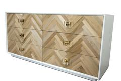 Mid-Century Style White Amalfi Dresser w/ Chevron Walnut Front & Lucite Pulls