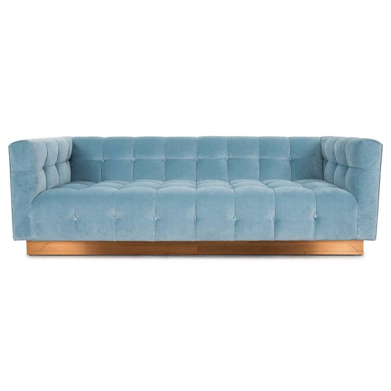 Modern Style Delano Sofa Tufted In Capri Blue Velvet W Copper Toekick Base