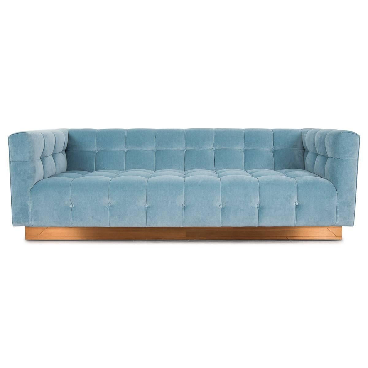 Modern Style Delano Sofa Tufted in Capri Blue Velvet w/ Copper Toekick Base For Sale