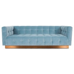 Modern Style Delano Sofa Tufted in Capri Blue Velvet w/ Copper Toekick Base