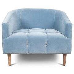 Art Deco Style St Bart's Accent Chair Tufted in Light Blue Velvet w/ Walnut Legs