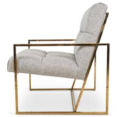 Mid-Century Modern Style Accent Chair in Textured Neutral Linen w/ Brass Frame