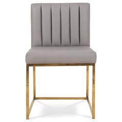 Mid-Century Style Dining Chair w/ Faux Leather Long Arm Tufting & Brass Frame