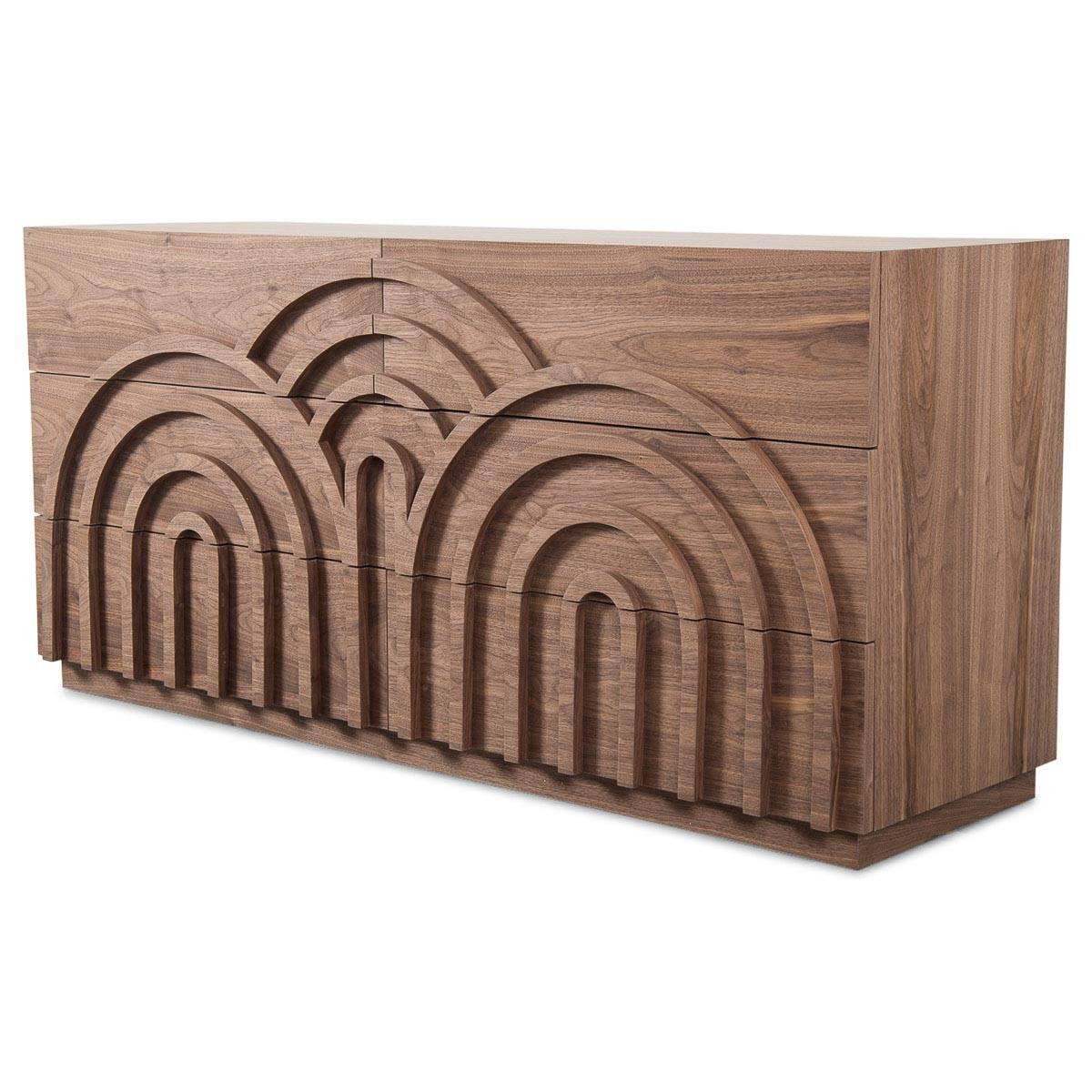 Modern twist on the Classic Art Deco styling shown through arches across the dresser. Elegant and symmetrical, the Art Deco dresser shows off its style and sophistication through its six-drawer doors and its walnut finish.

Dimensions:

60