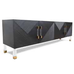 Mid-Century Style Textured Credenza with Lucite and Brass Hardware and Legs