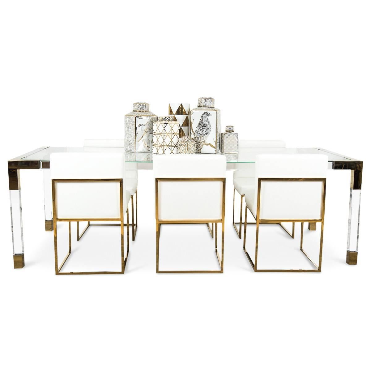 Chinese Mid-Century Modern Style Lucite Dining Table w/ Brass Accents and Glass Top