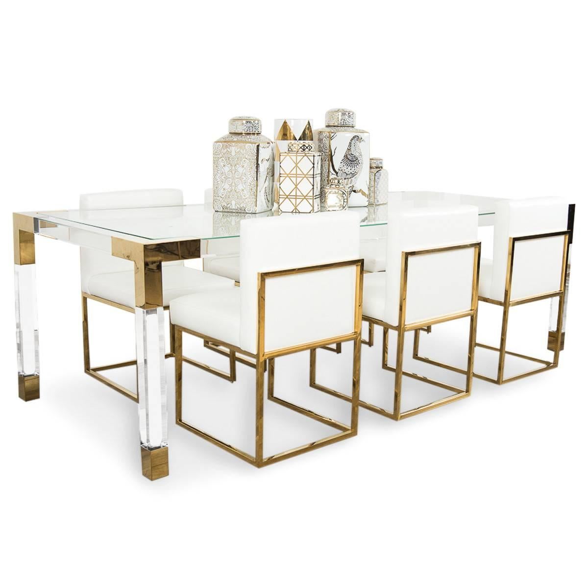 Mid-Century Modern Style Lucite Dining Table w/ Brass Accents and Glass Top In New Condition In Compton, CA
