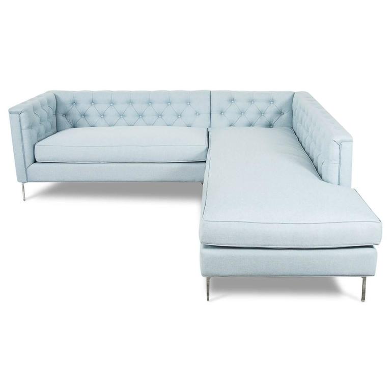 MidCentury Modern Style Tufted Sectional with Chrome Legs in Ice Blue