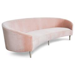Art Deco Style Crescent Sofa w/ Throw Pillows & Walnut Legs in Rosewater Velvet