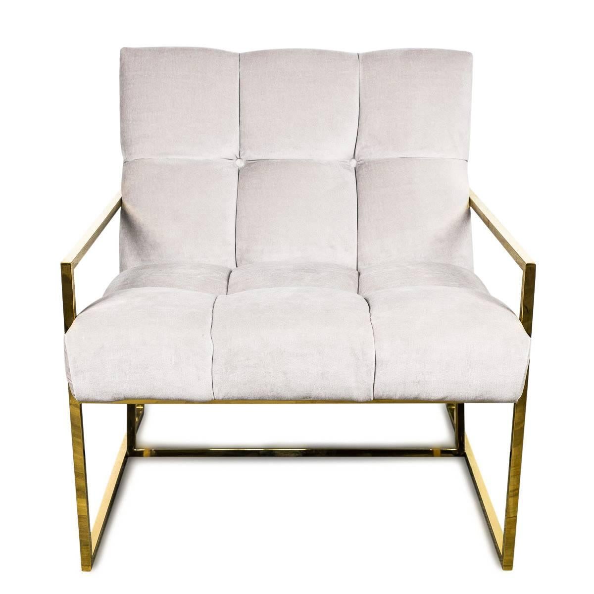 A slick brass frame, a slight pitched back and tufted velvet is perfect on it's own, or pair it up. Shown in cream velvet. 

Dimensions:

31