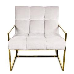 Mid-Century Modern Style Tufted Accent Chair in Cream Velvet with Brass Frame