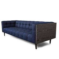 Mid-Century Style Sofa with Dark Walnut Frame & Legs in Tufted Navy Denim