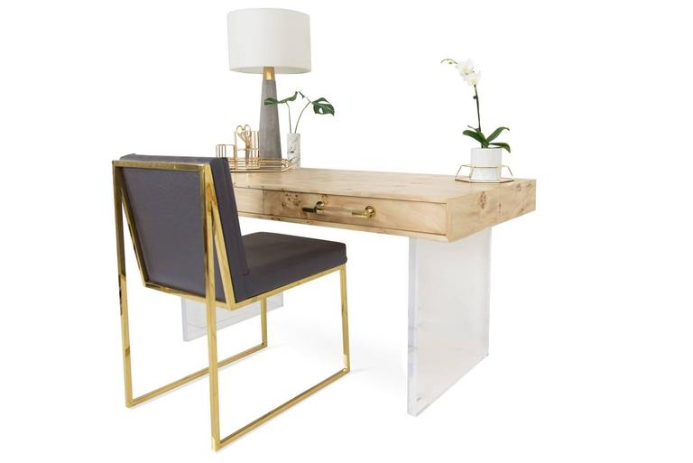 Mid-Century Modern Mid-Century Style Burl Wood Desk with Lucite Legs and Brass & Lucite Pulls For Sale