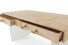 Mid-Century Style Burl Wood Desk with Lucite Legs and Brass & Lucite Pulls