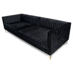 Modern Style Sofa in Long-Arm Tufted Black Velvet with Brass Legs