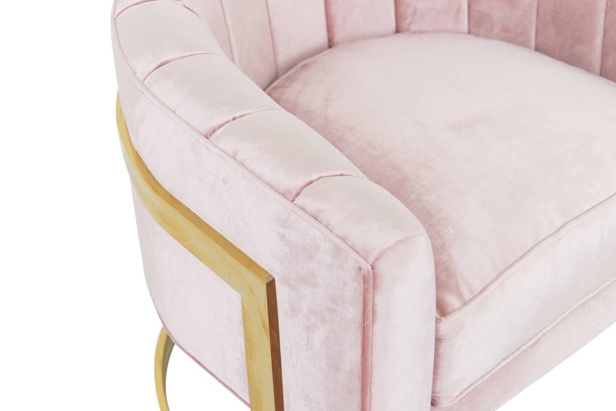Chinese Ibiza Occasional Armchair with Curved Brass Base in Blush Pink Velvet For Sale